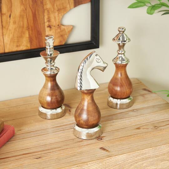 Brown King, Knight & Bishop Chess Sculpture Set